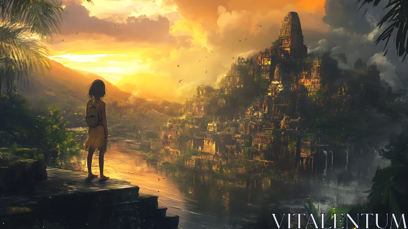 Young explorer overlooking sunlit jungle temple city.