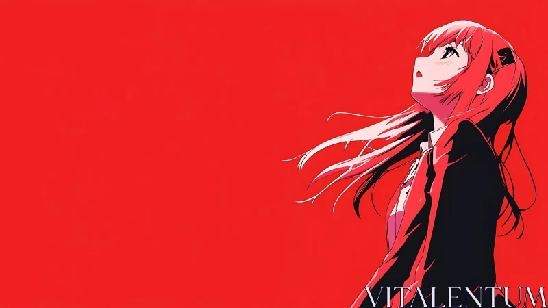 Anime girl in red void with windblown hair and gaze up.