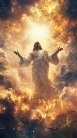 Ascendant robed figure in radiant celestial clouds.