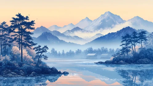 Gentle mountain lake at sunrise with misty pine forest.
