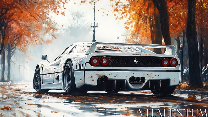 Rear-engine supercar rendered in autumnal urban avenue panorama.