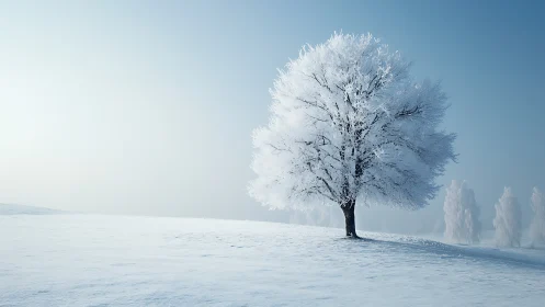 Isolated frost-covered deciduous tree dominates a minimal snowfield