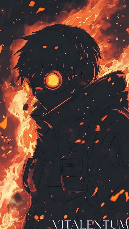 Hooded figure in goggles stands in front of intense flames.