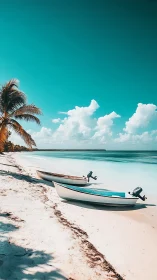 Tropical Beach with Moored Fishing Boats Under Turquoise Skies