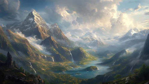 Panoramic alpine valley integrates cascades, glacial peaks, and mist