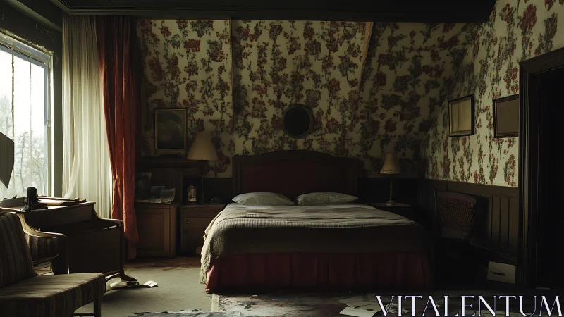 Dimly lit vintage bedroom with floral patterned walls.
