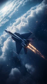 Supersonic jet rockets upward through glowing night clouds.