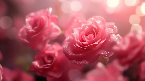 Crimson petals glistening with dewdrop magic.