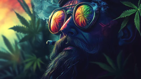 Psychedelic sage in neon cannabis reflection goggles.