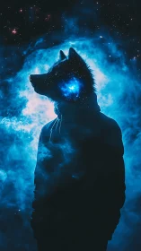 Cosmic wolf silhouette stands within radiant blue nebula glow.