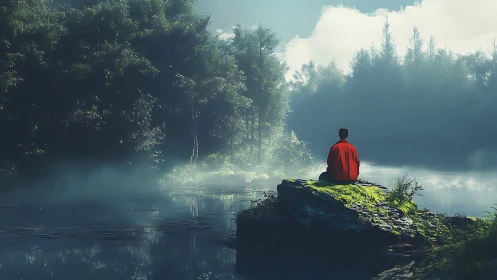 Solitary figure in red finds stillness beside misty lake.