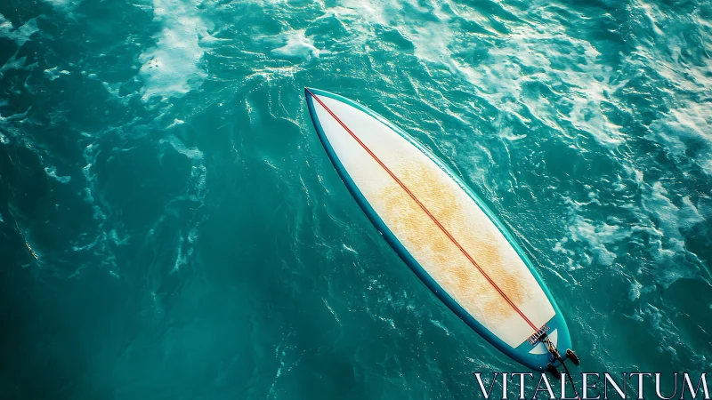 Lonely surfboard lounges atop swirling turquoise water