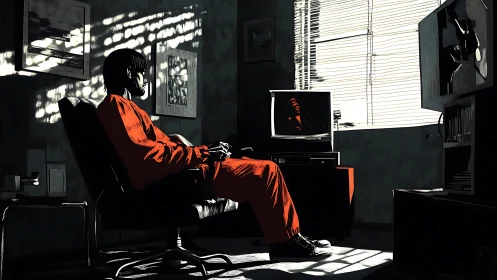 Solitary viewer sits in starkly lit retro living room