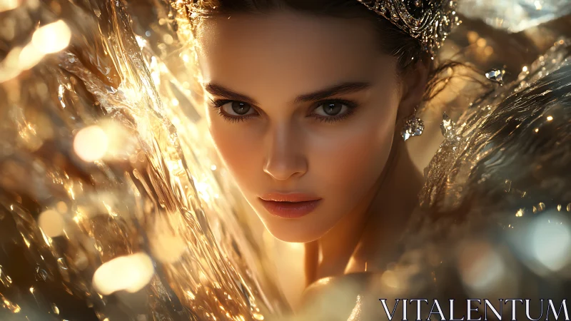 Female portrait amid golden abstract bokeh environment.