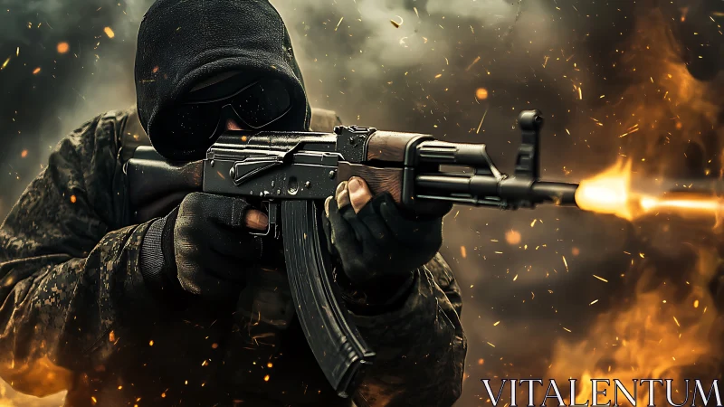 Hooded combatant firing assault rifle amid blazing chaos.