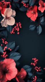 Coral Hibiscus and Rowan Berries Against Dark Background