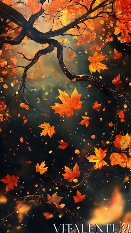 Turbulent maple canopy with luminous autumnal leaf vortices.