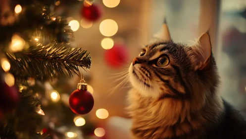 Tabby cat near lit Christmas tree with red ornaments.