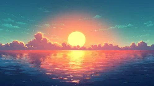 Radiant digital seascape sunset over glowing horizon clouds.