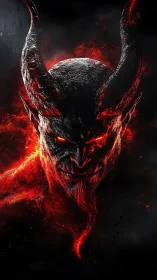 Fiery horned demon gazes forward in blazing molten shadows