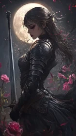 Armored female warrior with sword before full moon.