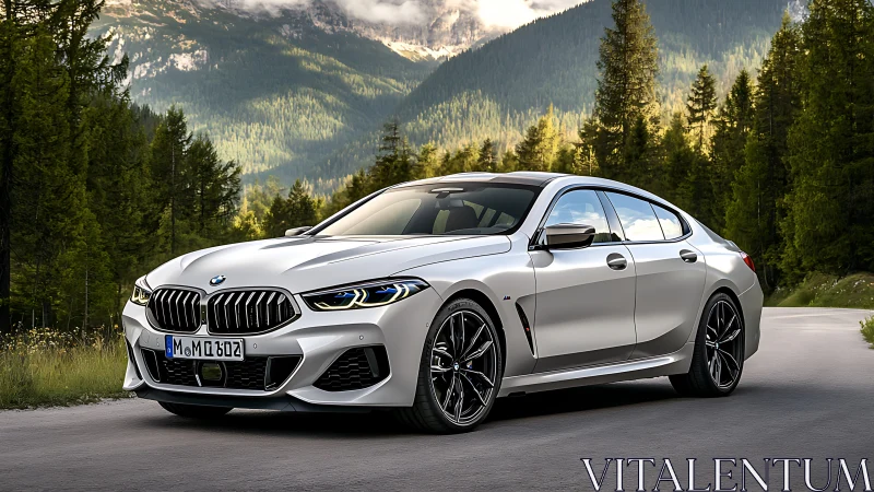 Silver BMW sedan stands on a winding forest mountain road