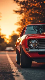 Sunset-soaked muscle car leans into the road’s golden hush