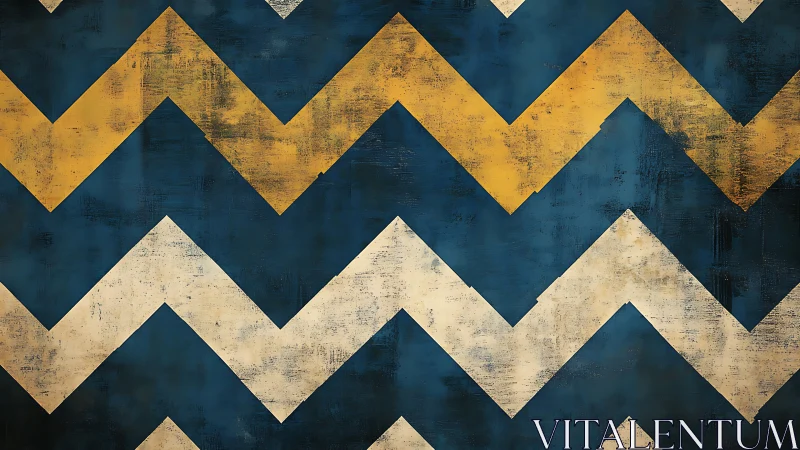 Warm chevron stripes in deep blue, gold, and weathered cream.