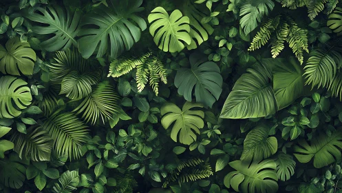 Dense tropical foliage pattern with layered green leaves.