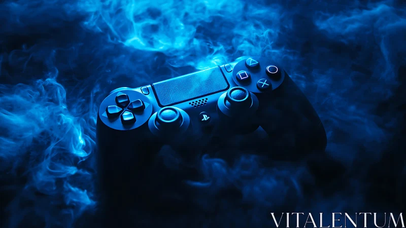 Moody blue game controller glowing in swirling mist.