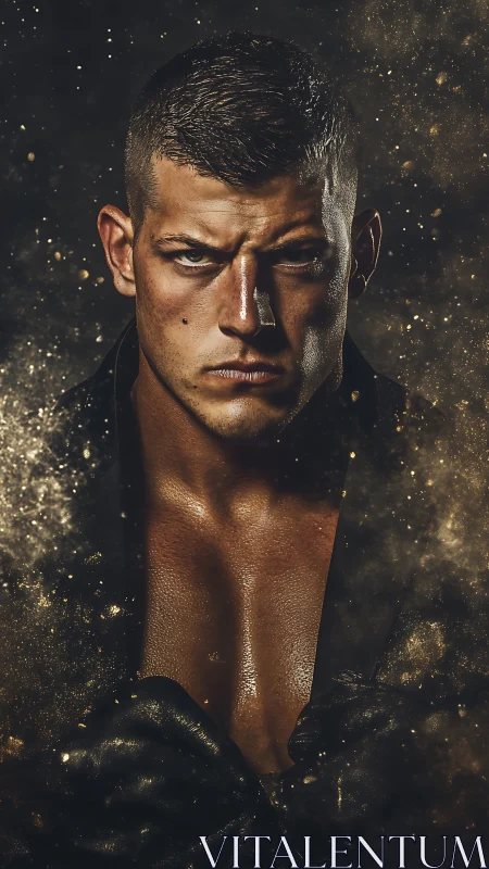 Intense male portrait with cinematic grit and golden dust effects