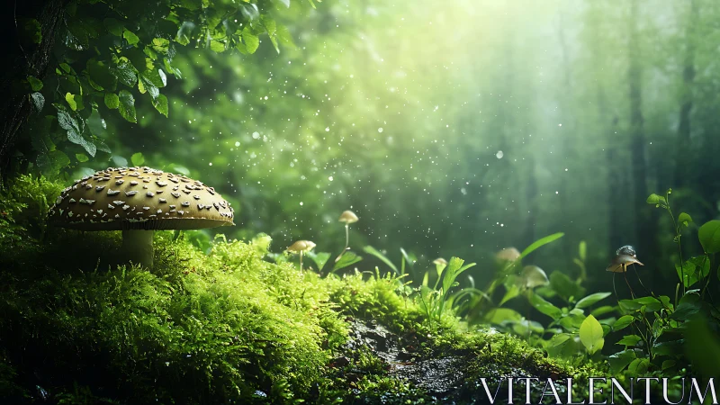 Moss throne for a speckled forest mushroom prince at dawn.