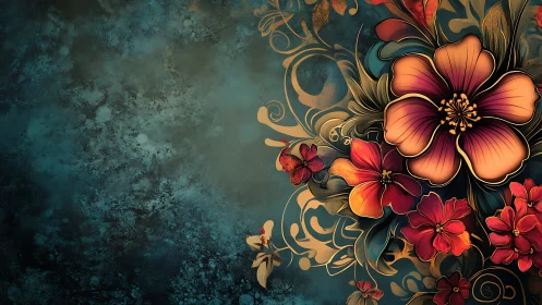 Ornamental Floral Garden: Rich Blooms Against Weathered Teal.