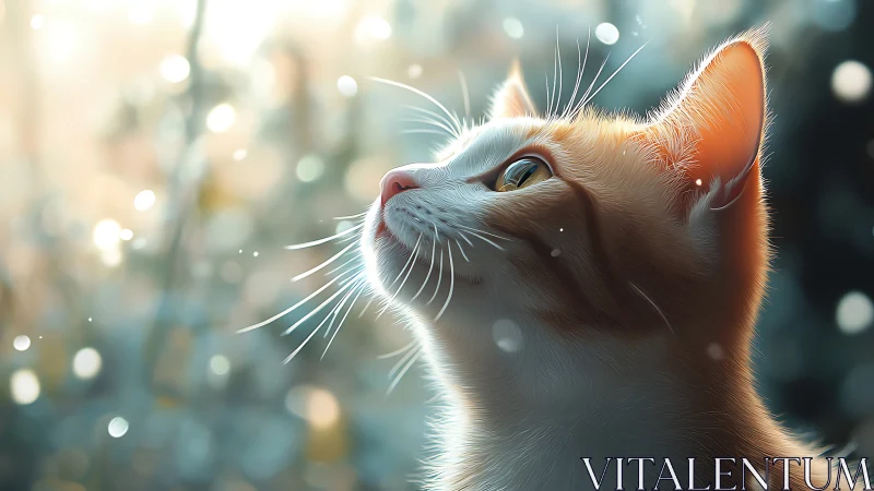White Cat Gazing Upward with Luminous Bokeh Backdrop.