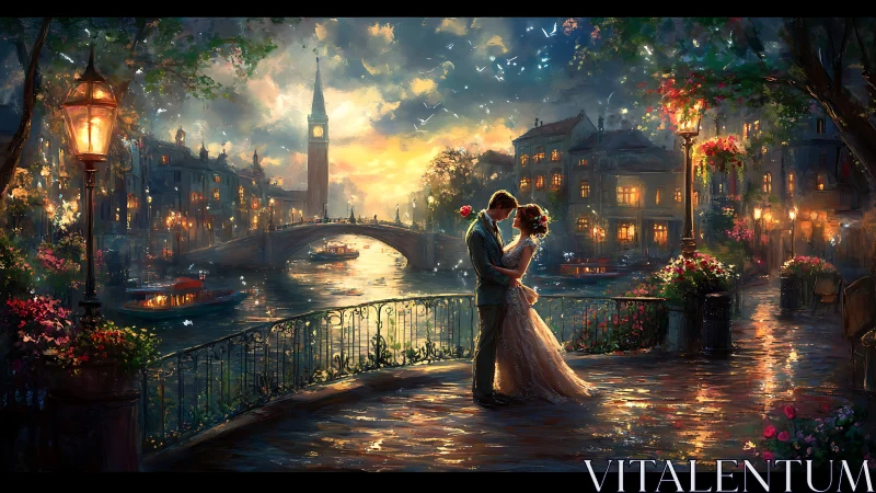 Romantic Couple Embracing at Venetian Waterfront at Golden Hour