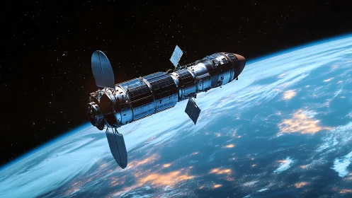 Satellite orbits Earth above illuminated clouds and ocean