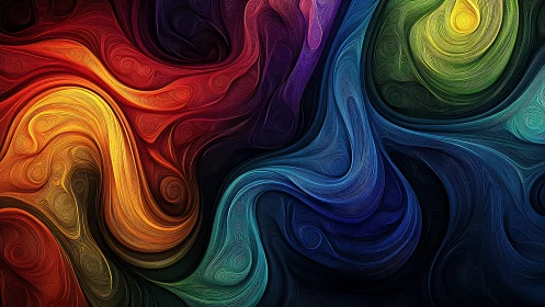 Multicolor fluid vortices with layered linework and deep contrast.