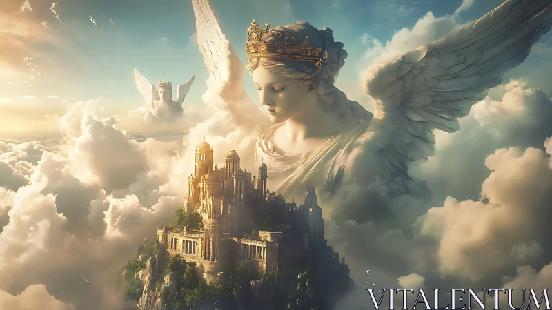 Crowned cloud guardian watching over a sunlit sky city.