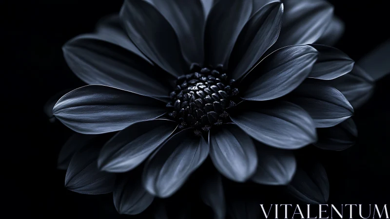 Monochromatic daisy flower bloom photographed against black background.