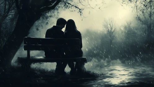 Silhouetted Couple in Torrential Rain on Bench amid Bare Forest.