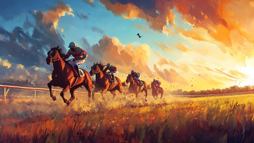 Galloping racehorses glowing in a golden sunset sky.