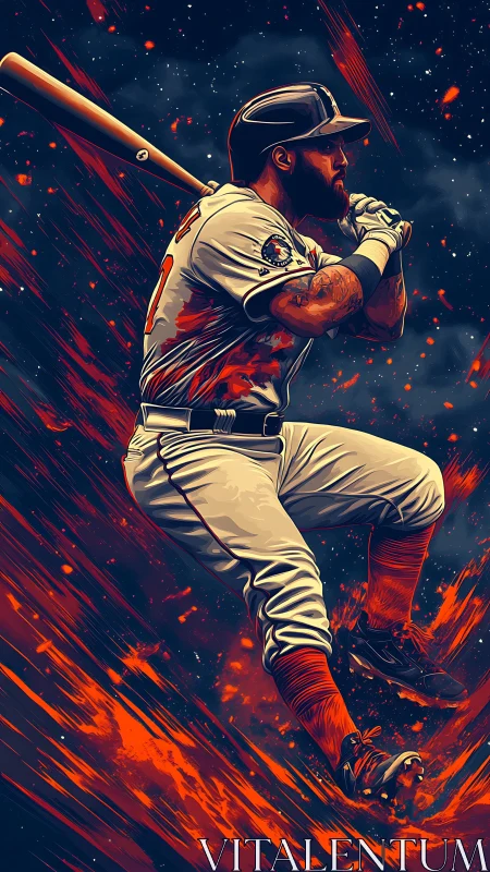Powerful baseball slugger leaping into a fiery night sky.