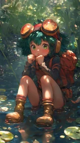 Young explorer rests in glowing forest stream clearing