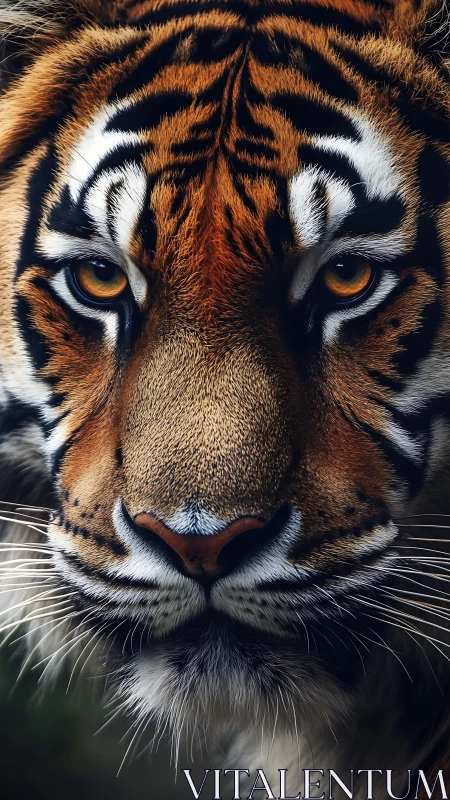 Photorealistic tiger portrait with symmetrical frontal focus.