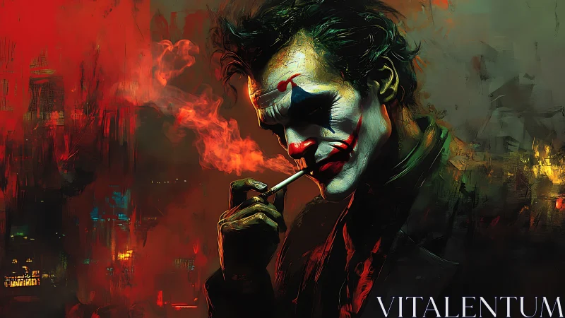 Clown-masked smoker in abstract urban night backdrop.