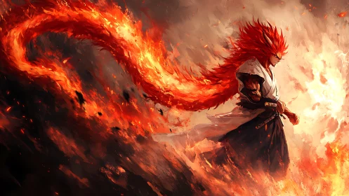 Fiery warrior strides through swirling flames with calm focus.
