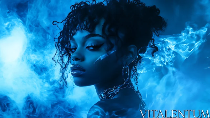 Electric blue portrait amid swirling neon smoke clouds.
