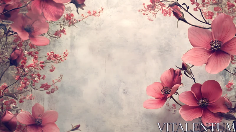 Romantic Floral Composition with Pink Cosmos Flowers on Textured Gray.