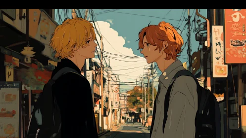 Anime boys facing off in sunlit urban street scene.