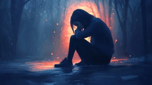 Solitary figure in blue forest against radiant backlight glow